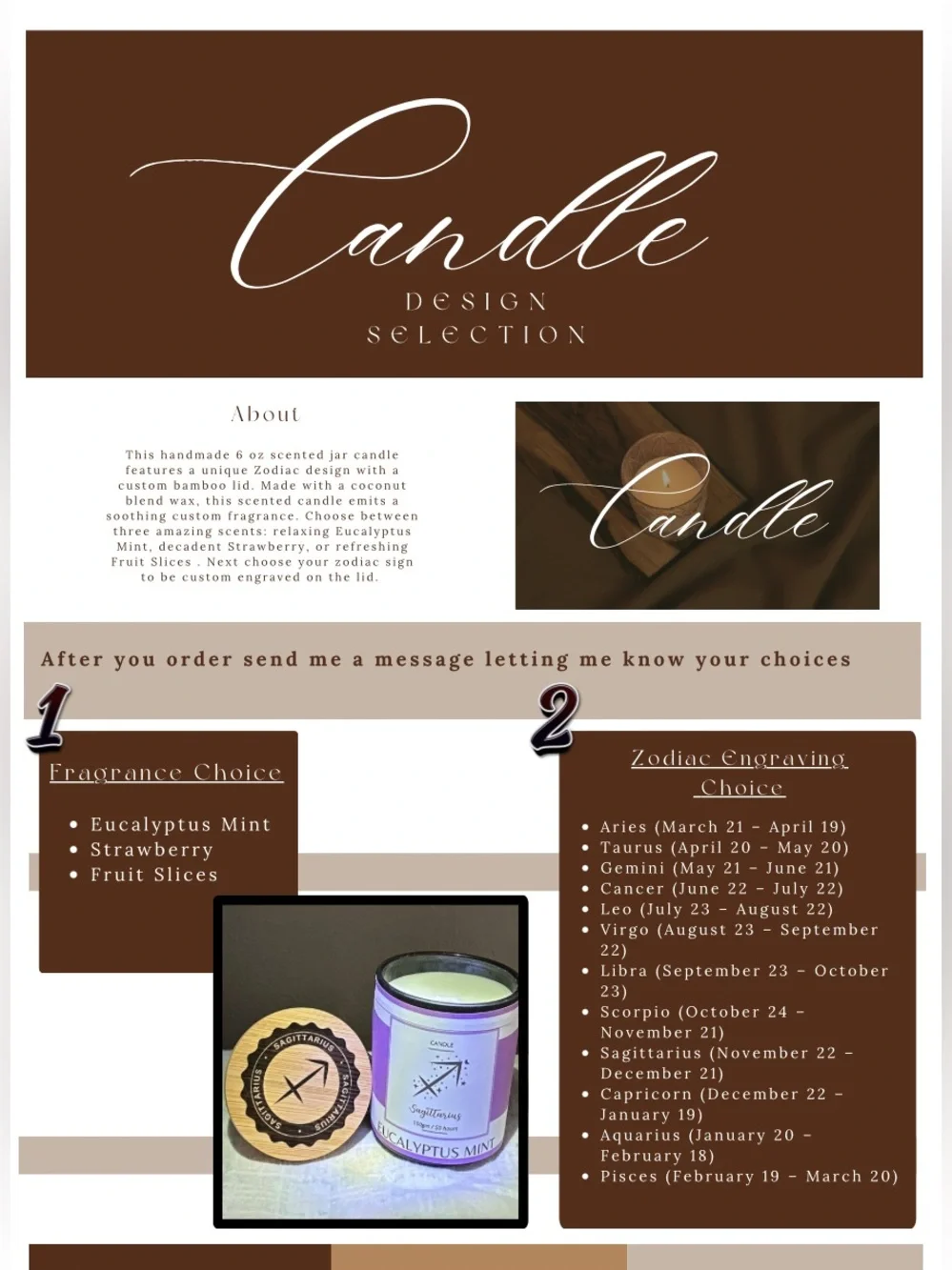 New Handmade 6oz scented candle with custom engraved bamboo lid.